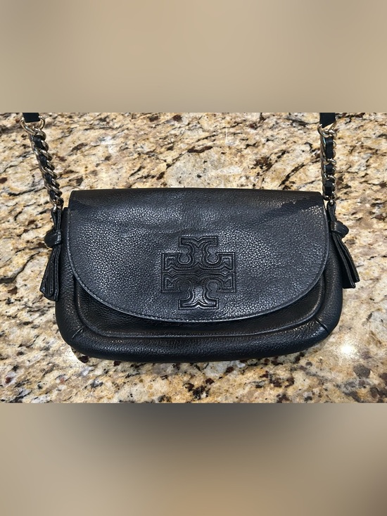 Tory Burch Handbags - Tory Burch Black Pebbled Leather Flap Wristlet with Embossed Logo